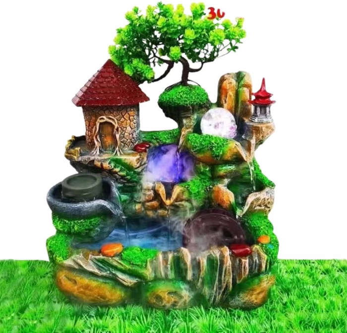 Garden Waterfall Fountain - Rustic Cottage & Tree Design with LED Light, Relaxing Indoor/Outdoor