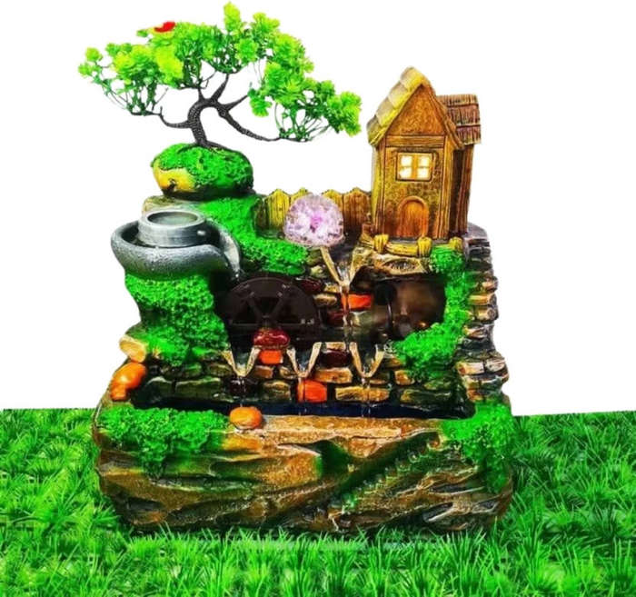 Garden Waterfall Fountain - Rustic Cottage & Tree Design with LED Light, Relaxing Indoor/Outdoor Dec