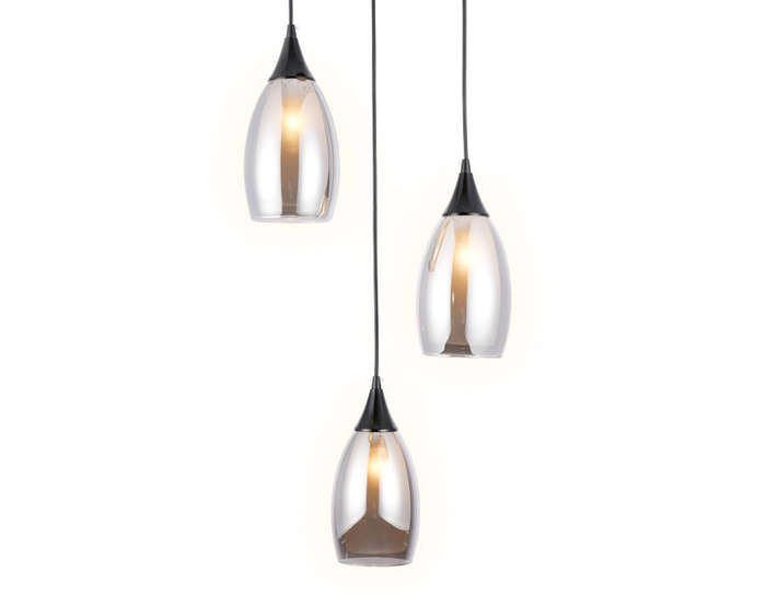 Modern Industrial 3-Head Pendant Light  Black Metal & Amber Glass Sconce, Adjustable Indoor Fixture