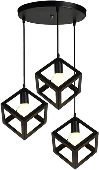Vintage Black Metal & Glass Pendant Light  3-Head Cube Design, Adjustable Height Chandelier for Din
