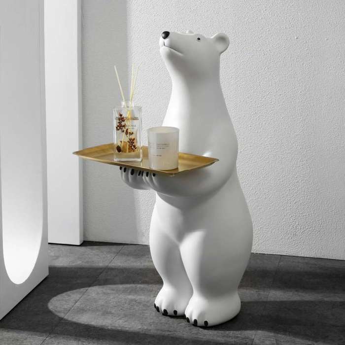 Large Polar Bear Figurine with Tray - Modern Polyresin Sculpture, White & Gold Home Decor