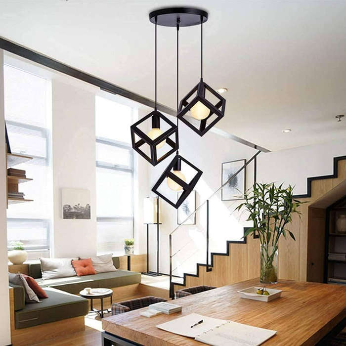 Vintage Black Metal & Glass Pendant Light  3-Head Cube Design, Adjustable Height Chandelier for Din