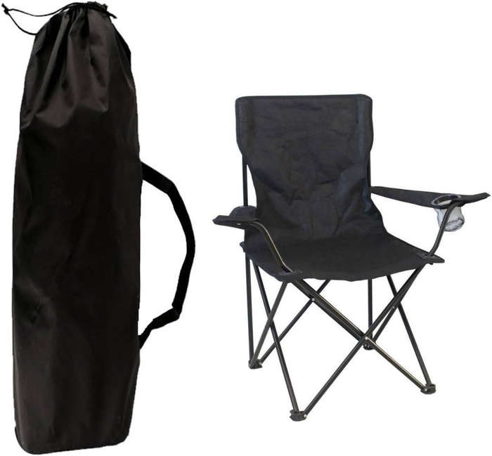 Portable Foldable Camping Chair  Black with Cup Holder & Carry Bag