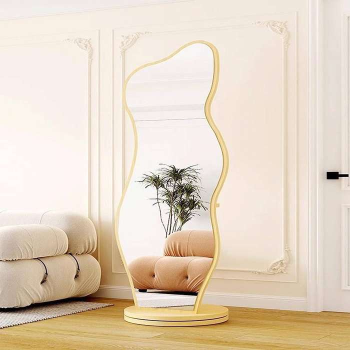 Modern 360° Rotating Full-Length Floor Mirror & Coat Rack  Irregular Shape, Natural Wood mirror