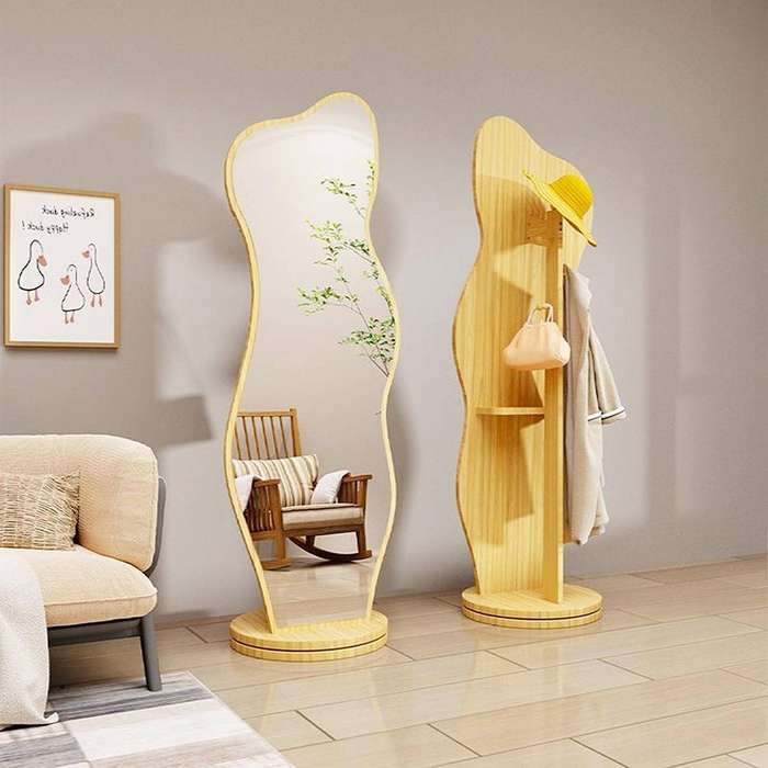 Modern 360° Rotating Full-Length Floor Mirror & Coat Rack  Irregular Shape, Natural Wood mirror