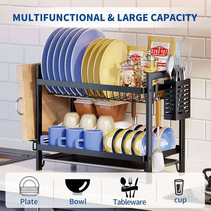 2-Tier Dish Drying Rack for Kitchen Counter - Black Metal Dish Drainer with Utensil Holder