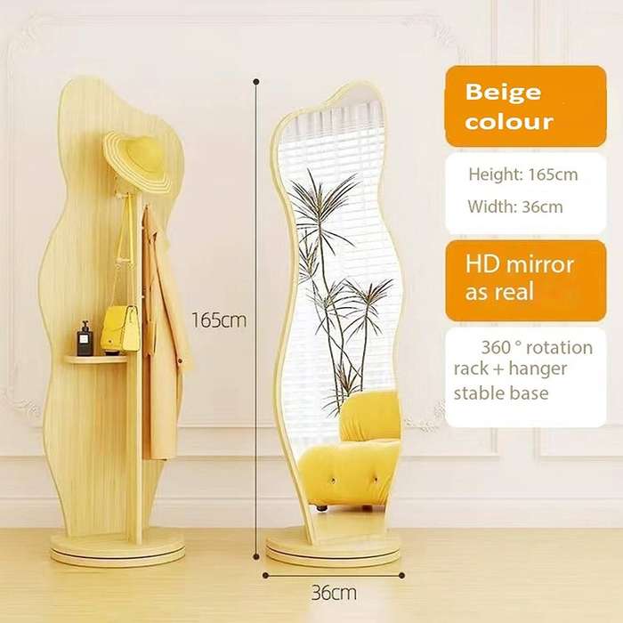 Modern 360° Rotating Full-Length Floor Mirror & Coat Rack  Irregular Shape, Natural Wood mirror