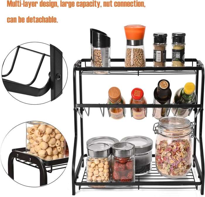 3-Tier Kitchen Countertop Spice Rack - Black Metal Spice Jars Organizer Shelf