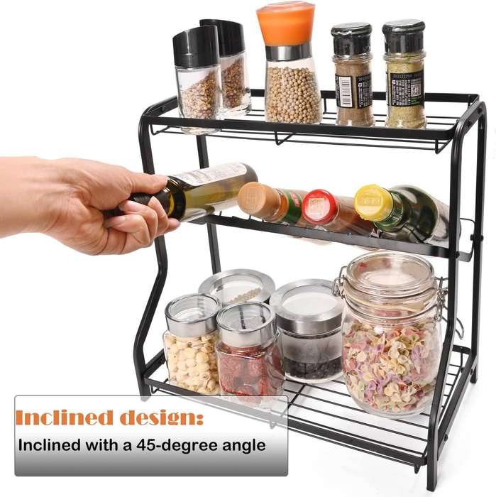 3-Tier Kitchen Countertop Spice Rack - Black Metal Spice Jars Organizer Shelf