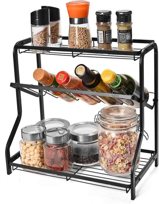 3-Tier Kitchen Countertop Spice Rack - Black Metal Spice Jars Organizer Shelf