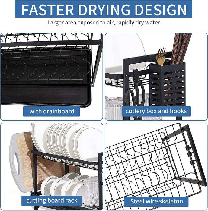 2-Tier Dish Drying Rack for Kitchen Counter - Black Metal Dish Drainer with Utensil Holder