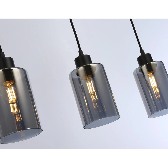 Modern Industrial 3-Head Pendant Light  Black Metal & Amber Glass Sconce, Adjustable Indoor Fixture