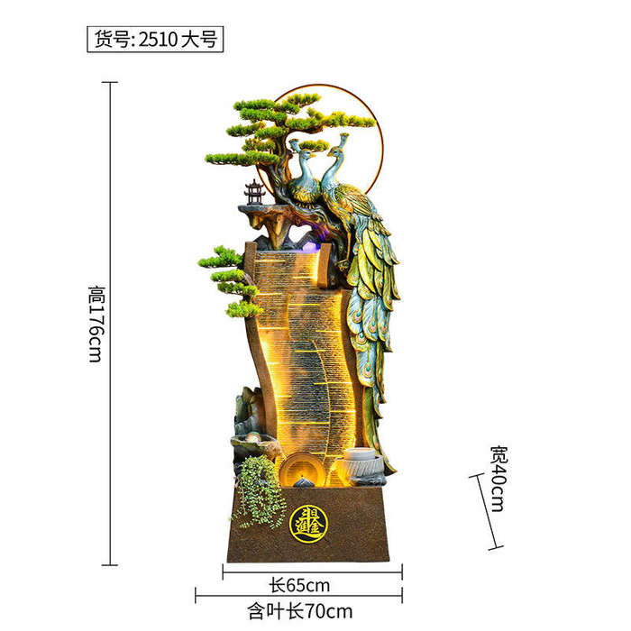 Large Indoor Floor to Ceiling Water Fountain  Peacock & Waterfall Design with LED Lighting, Zen Dec
