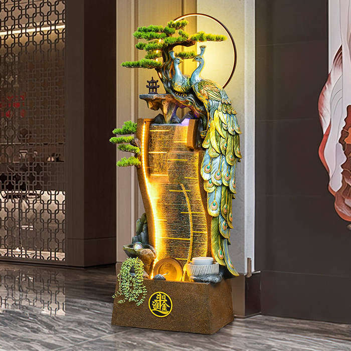Large Indoor Floor to Ceiling Water Fountain  Peacock & Waterfall Design with LED Lighting, Zen Dec