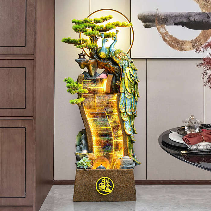 Large Indoor Floor to Ceiling Water Fountain  Peacock & Waterfall Design with LED Lighting, Zen Dec