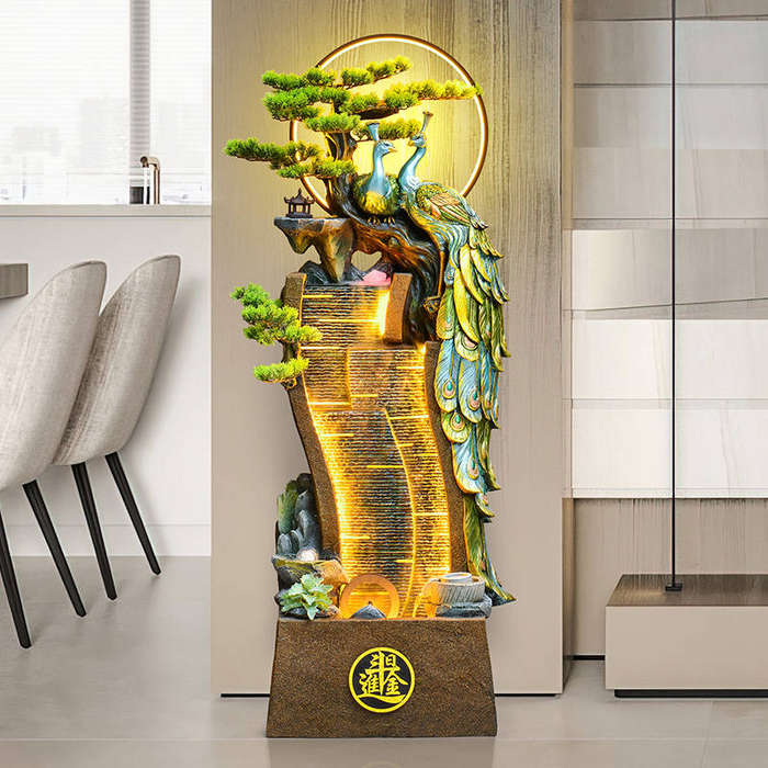 Large Indoor Floor to Ceiling Water Fountain  Peacock & Waterfall Design with LED Lighting, Zen Dec