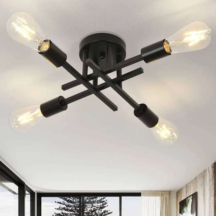 Modern 4-Light Black Metal Ceiling Light  E27 Bulb Sockets, Sputnik Chandelier Fixture