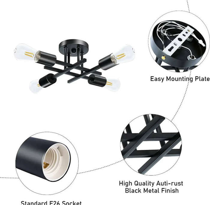 Modern 4-Light Black Metal Ceiling Light  E27 Bulb Sockets, Sputnik Chandelier Fixture