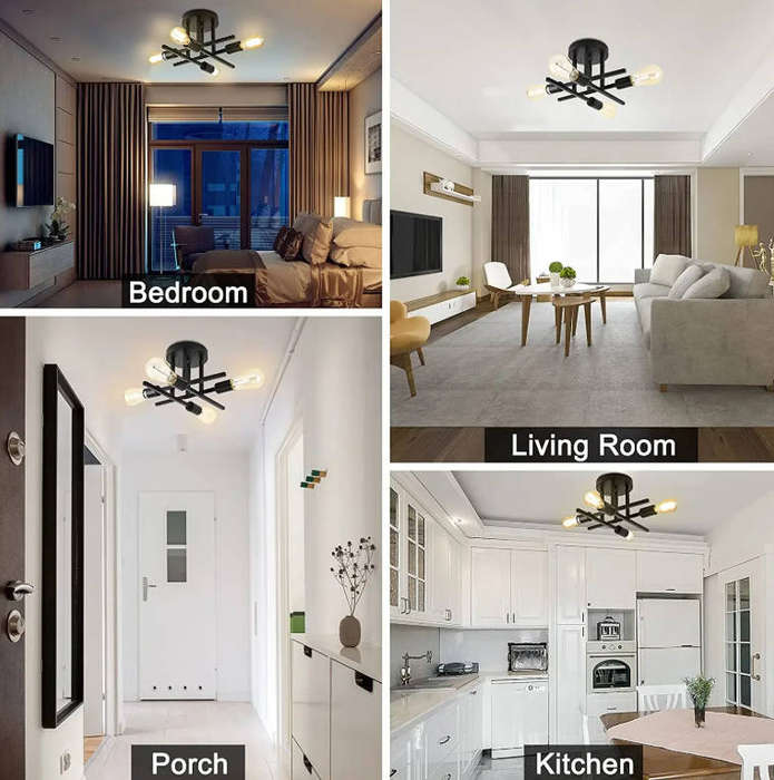 Modern 4-Light Black Metal Ceiling Light  E27 Bulb Sockets, Sputnik Chandelier Fixture