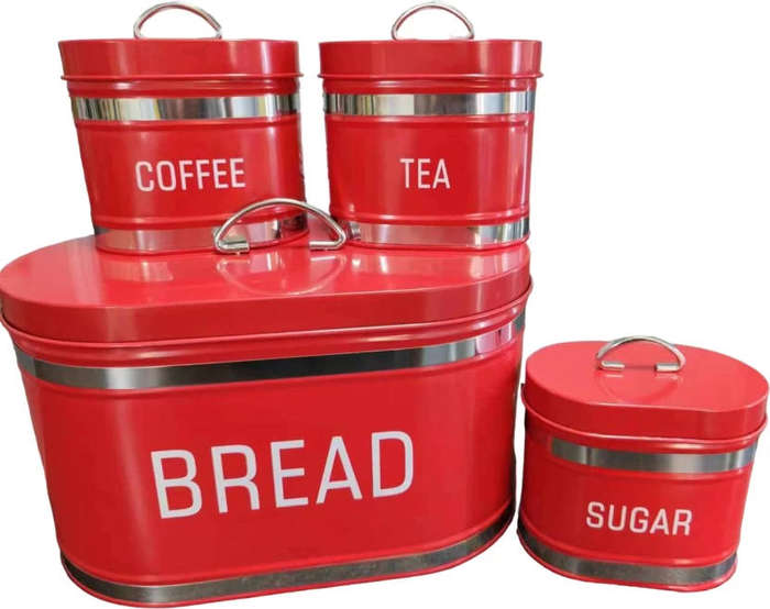 4-Piece Kitchen Storage Canister Set  Red, Vintage Design, Durable Steel for Coffee, Tea, Sugar & B