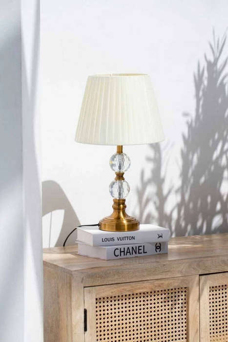 Classic Design Table Lamp  Off-White Pleated Shade, Crystal & Gold Finish Base, Ambient Lighting