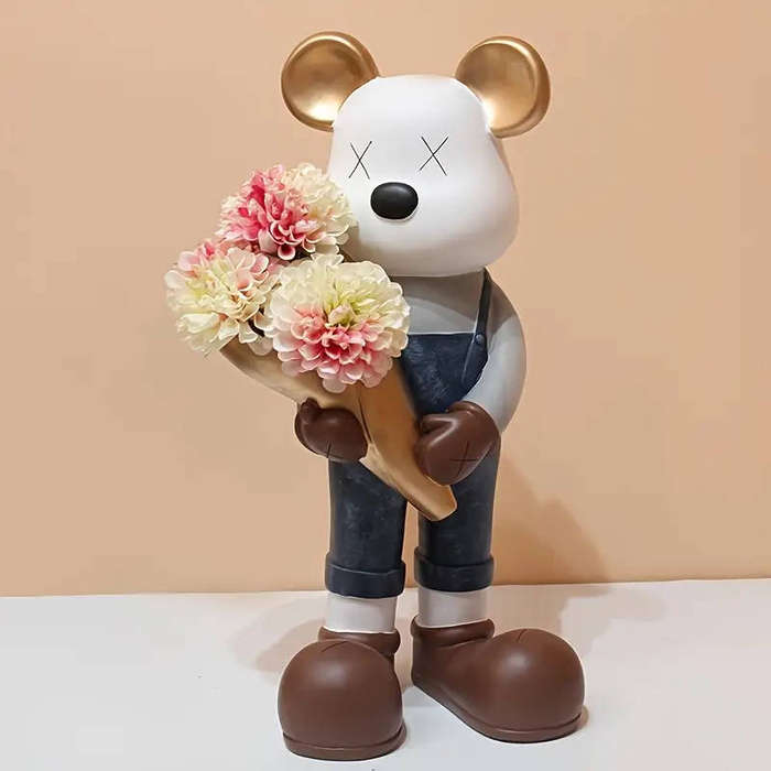 Artisan Bear Figurine with Floral Vase  Unique 41cm Home Decor Statue for Gifting or Display