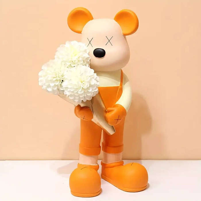 Artisan Bear Figurine with Floral Vase  Unique 41cm Home Decor Statue for Gifting or Display