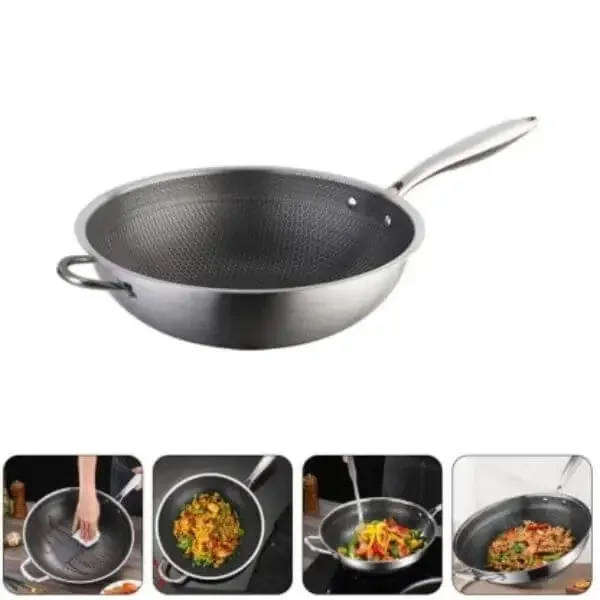 Stainless Steel Honeycomb Wok - Professional Non-Stick Stir-Fry Pan with Dual Handles