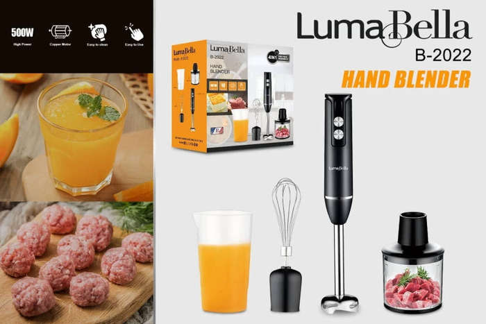 LumaBella 500W 4-in-1 Hand Blender  Electric Mixer, Whisk, Chopper & Beaker Set