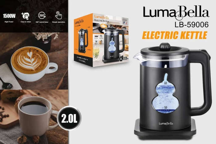 1500W 2.0L LumaBella Electric Kettle  Stylish Ribbed Design, 360° Rotational Base, and Auto Shut-Of