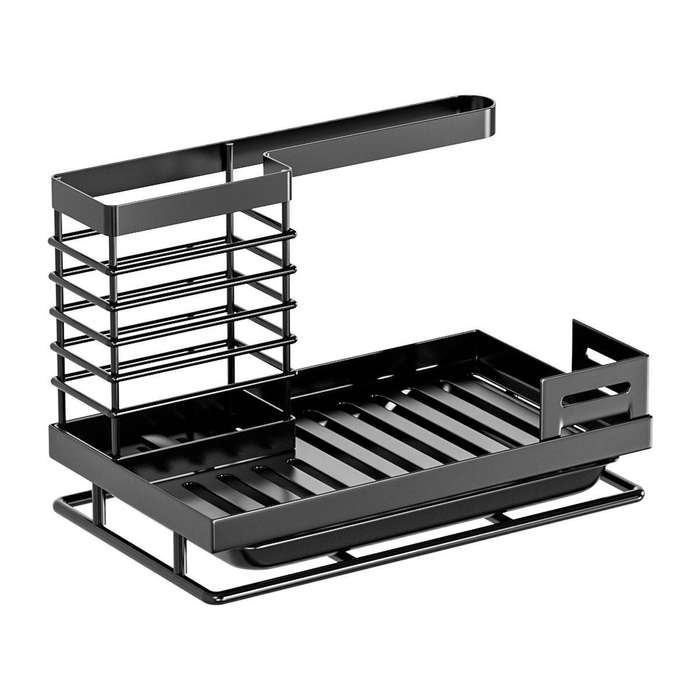 Countertop Kitchen Sink Organizer - Black Metal Sponge & Brush Holder with Drain Tray