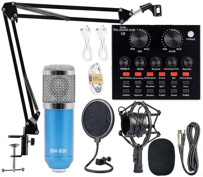 Podcast Equipment Bundle, Mic Kit with V8 Live Sound Card