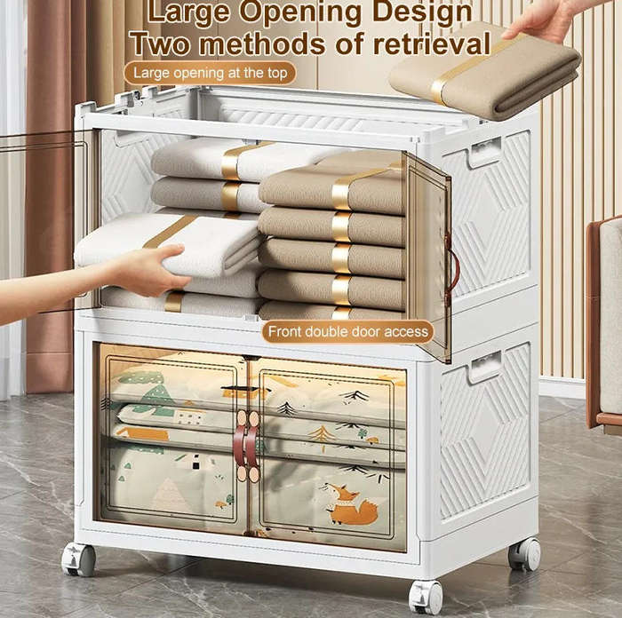 3-Layer Multi-Functional Stackable Storage Cabinet with Wheels  Foldable, Transparent Doors & Mobil