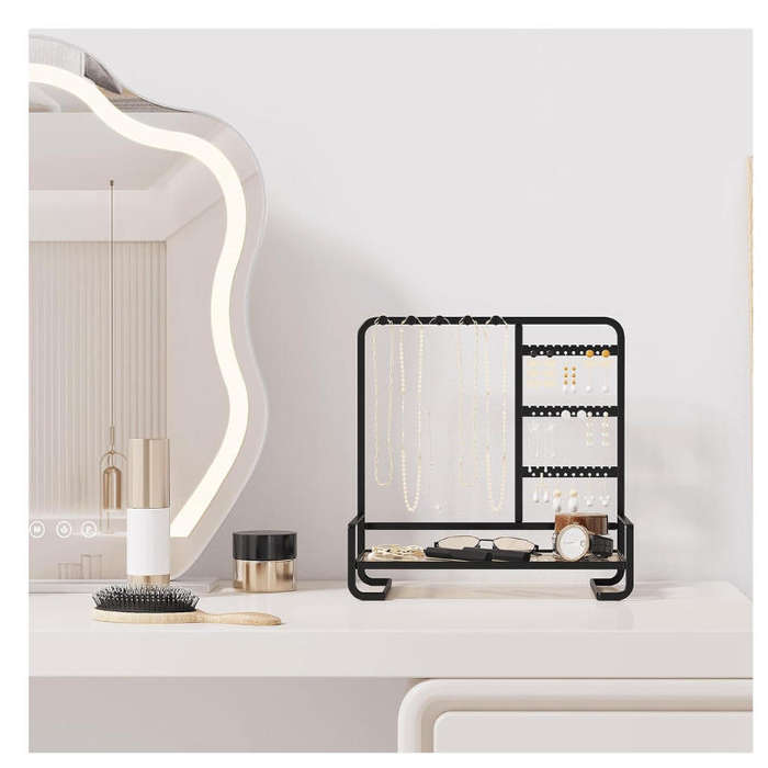 Sleek Metal Jewelry Stand with Tray for Necklaces and Rings - Black
