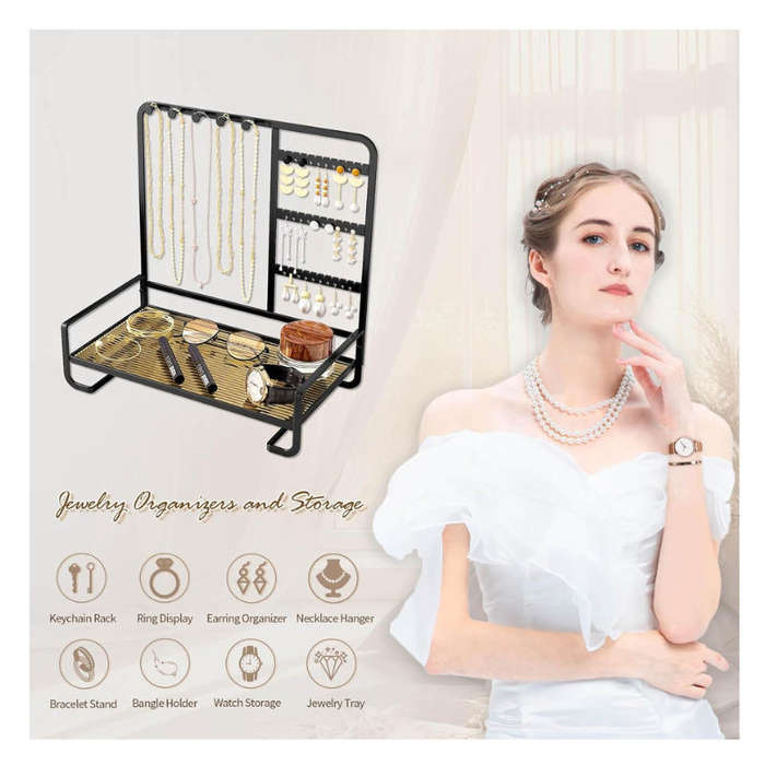 Sleek Metal Jewelry Stand with Tray for Necklaces and Rings - Black