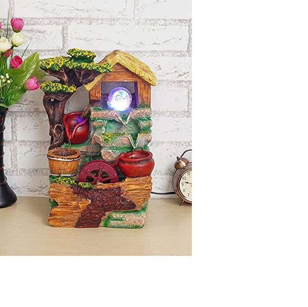 Tabletop Water Fountain - Rustic Cottage Design with LED Light & Cascading Water, Relaxing Desk Deco
