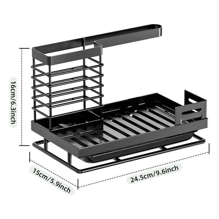 Countertop Kitchen Sink Organizer - Black Metal Sponge & Brush Holder with Drain Tray