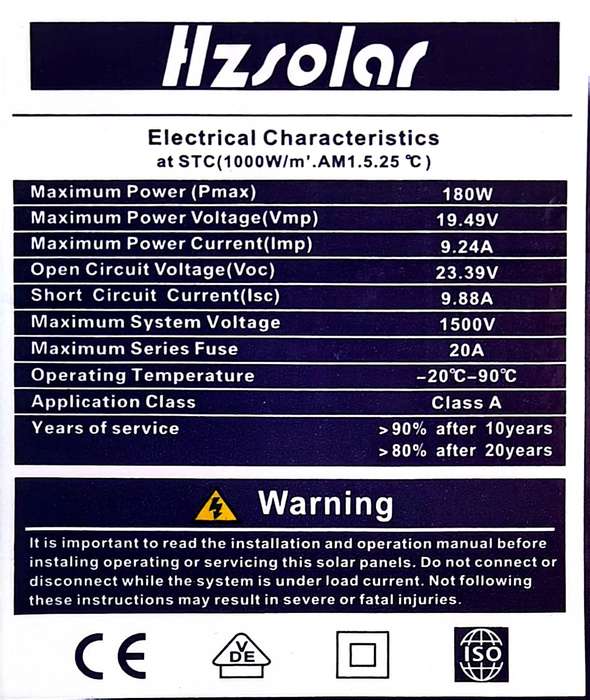Hz Solar 180w mono solar panel