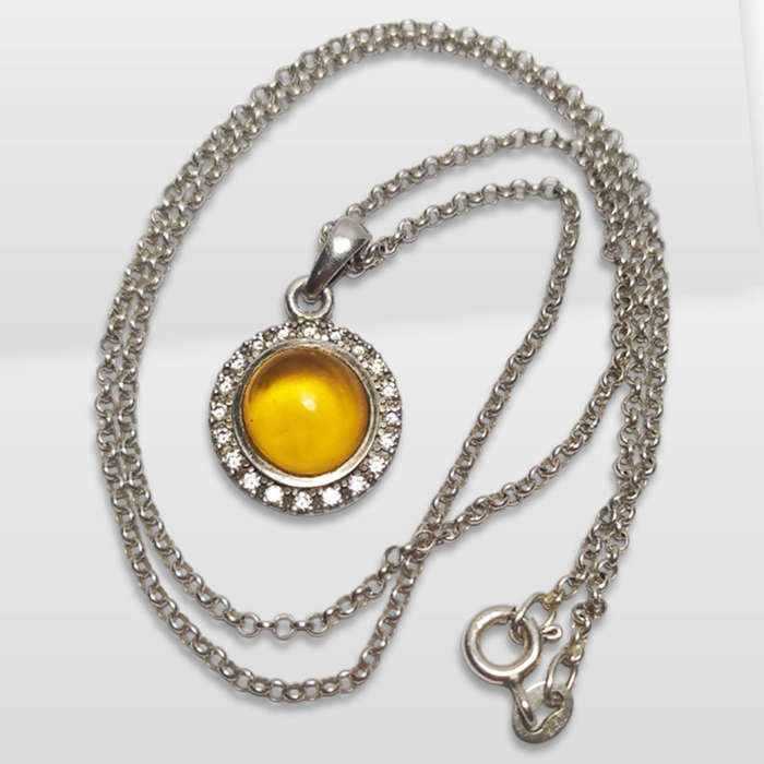 925 Sterling Silver Necklace With Amber And Cubic Zirconia Pendant