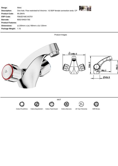 Cobra Basin Mixer Tap Faucet Metsi