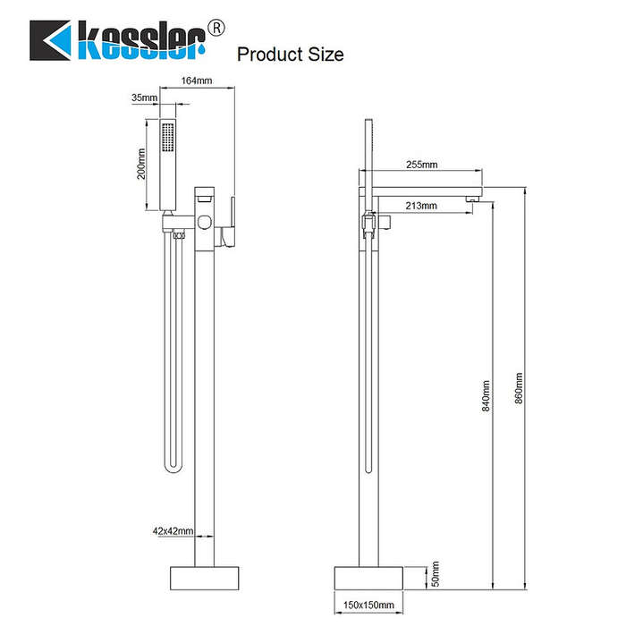 Kessler Free Standing Bath Mixer Tap | Bathroom Faucet Square Chrome | Black |Gold - Different Color