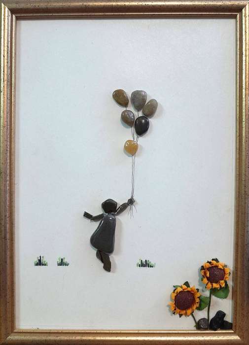 Girl with Balloons - Pebble art in re-purposed frame