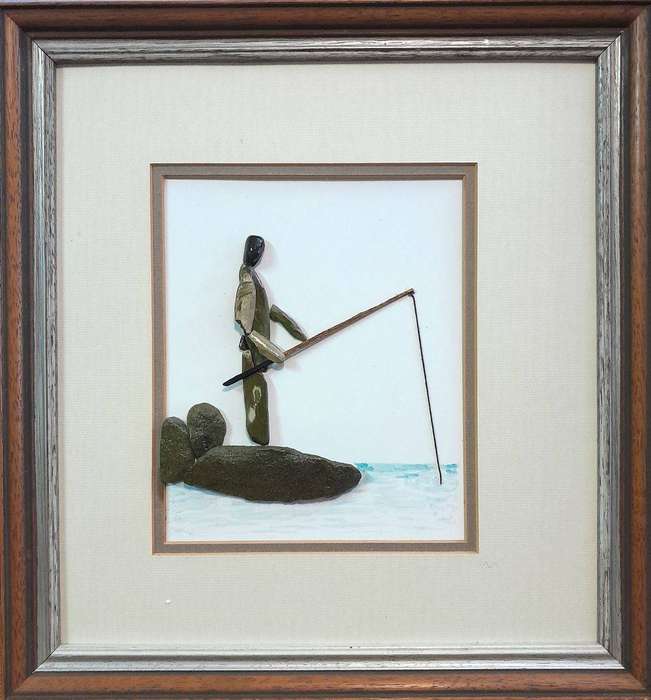Fishing - Pebble art in re-purposed frame