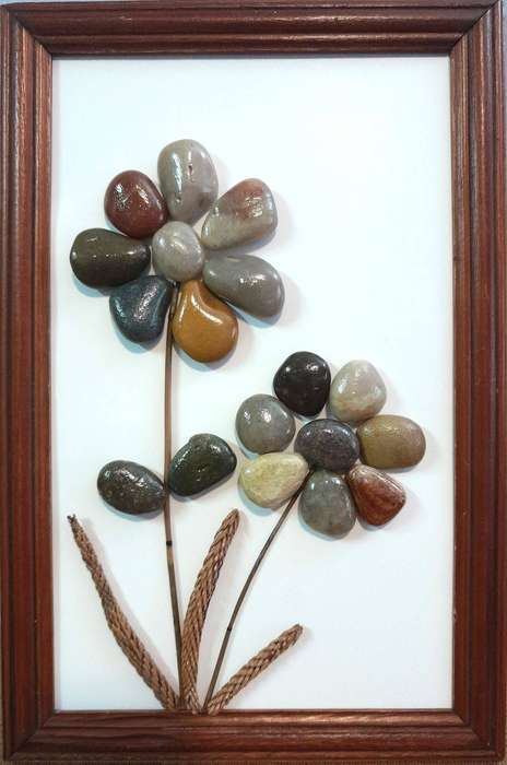 Two Flowers - Pebble art in re-purposed frame
