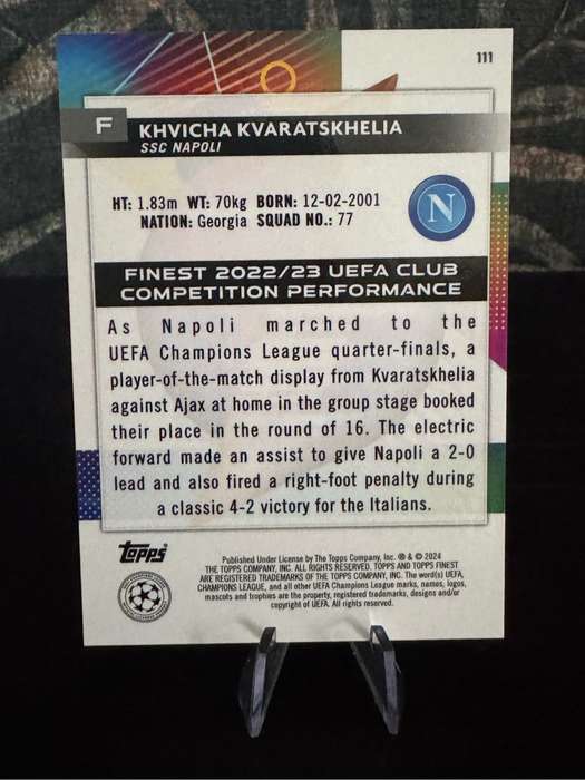 2024 Topps Finest - Khvicha Kvaratskhelia Purple Refractor 122/299