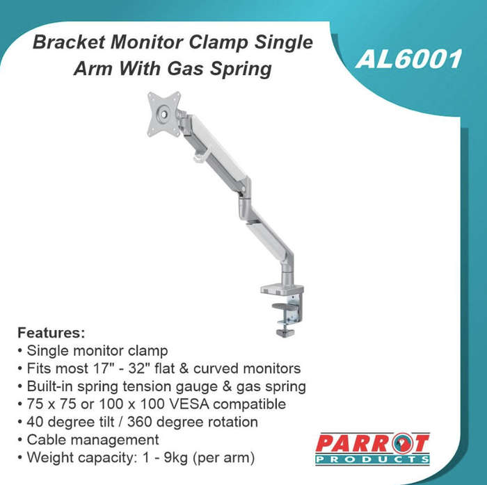 Parrot Single Monitor Clamp Bracket with Gas Spring Arm