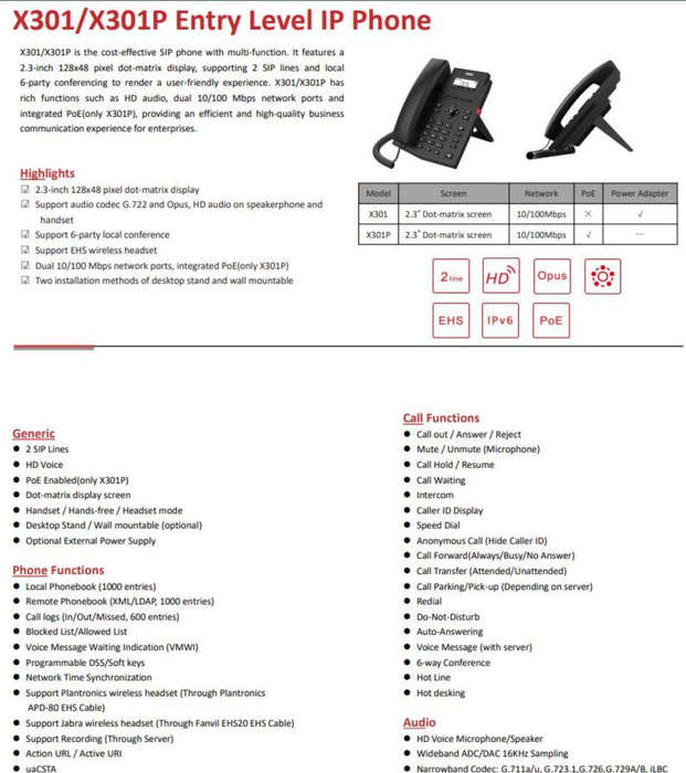 Fanvil 2SIP Entry Level VoIP Phone with PSU | X301