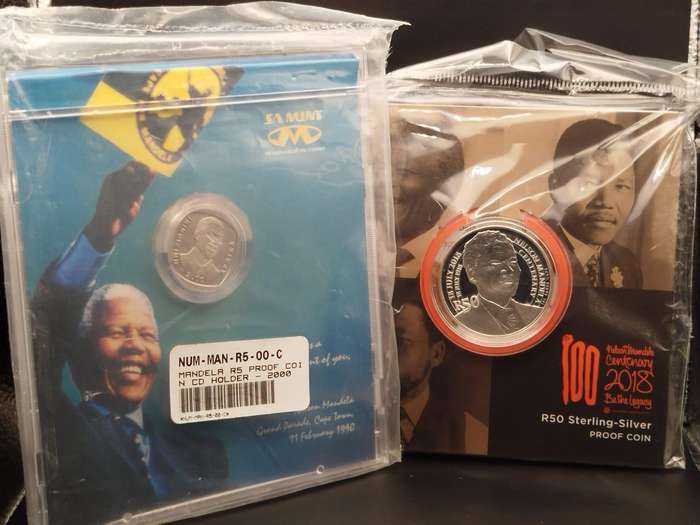Rare Mandela Silver Coin Set (Proof 2000 R5 + R50 Centenary 2018)  Collector Combo in Original