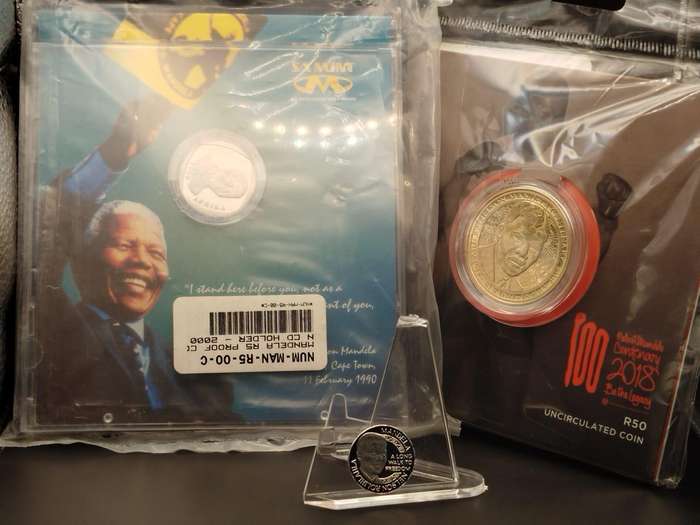  Mandela Legacy Collectors Combo  2000 R5 Proof + 2018 R50 Centenary + 1993 Nobel Peace Prize