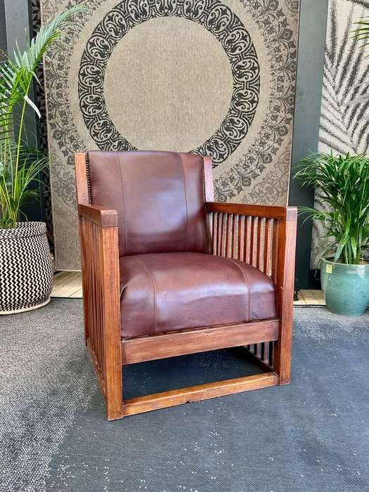 Fully Restored Oak Slatted Genuine Leather Occasional Chair